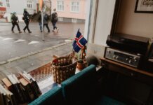A cozy corner in a Reykjavik café featuring Icelandic decor and a view of the city street.