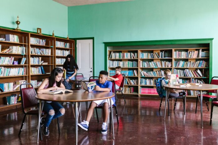 A diverse group of kids reading books in a library setting, fostering learning and togetherness. A diverse group of kids reading books in a library setting, fostering learning and togetherness.