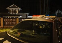 A parked police car at night in front of suburban houses with lights on, creating a dramatic mood.