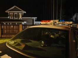 A parked police car at night in front of suburban houses with lights on, creating a dramatic mood.