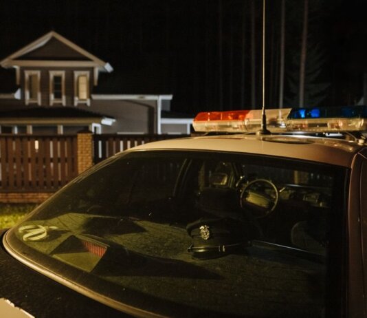 A parked police car at night in front of suburban houses with lights on, creating a dramatic mood.