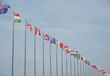 A row of international flags on flagpoles symbolizing global unity and diplomacy.
