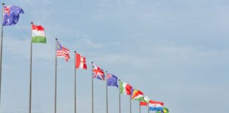 A series of international flags flying in a line against a clear blue sky, symbolizing global unity.