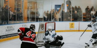 A thrilling hockey game captured indoors with players in action and spectators watching keenly.