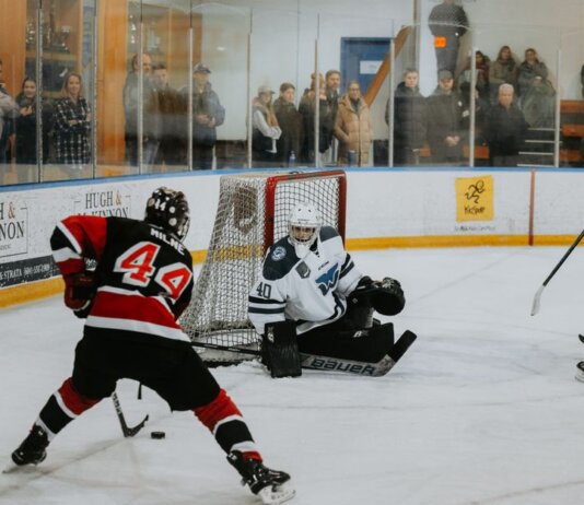 A thrilling hockey game captured indoors with players in action and spectators watching keenly.