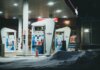 A well-lit gas station surrounded by snow during a winter night in St. John's, NL, Canada.