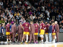 Basketball team huddles on court during a game timeout with audience in background.