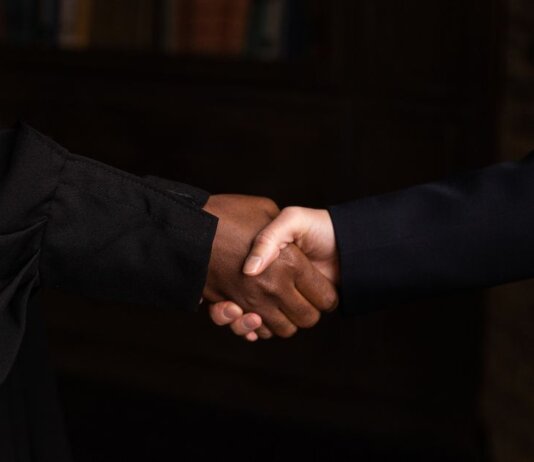 Close-up of diverse individuals shaking hands, symbolizing business agreement.
