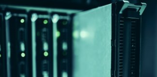 Close-up of server racks in a data center highlighting modern technology infrastructure.