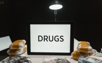 Полиция Калгари изъяла наркотики и наличные на $8,8 млн: обвинения предъявлены четверым Conceptual image of drugs, money, and handcuffs on a table under harsh light, depicting crime themes.