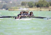 Energetic rowing team practicing on a serene lake during daylight showcasing teamwork and coordination.