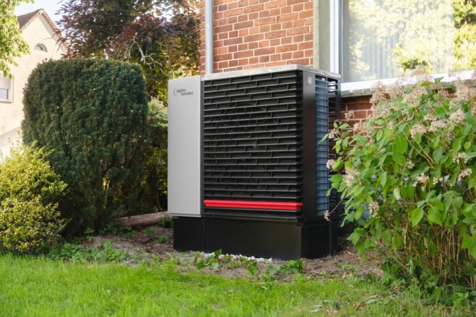Energy-efficient heat pump in a green residential garden setting. Energy-efficient heat pump in a green residential garden setting.
