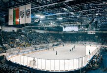 Exciting ice hockey game with players and crowd in a vibrant indoor arena atmosphere.