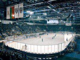 Exciting ice hockey game with players and crowd in a vibrant indoor arena atmosphere.