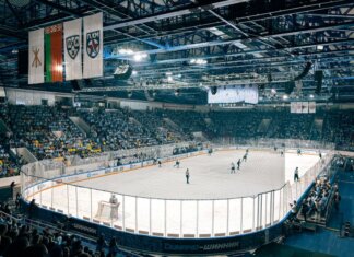 Exciting ice hockey game with players and crowd in a vibrant indoor arena atmosphere.