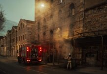 Firefighters managing smoke outside a historic building at dusk. Urban emergency response in action.