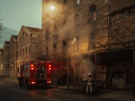 Firefighters managing smoke outside a historic building at dusk. Urban emergency response in action.