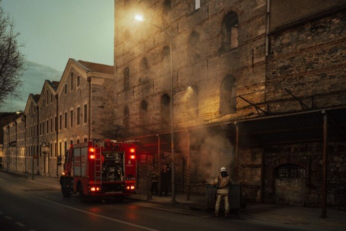 Firefighters managing smoke outside a historic building at dusk. Urban emergency response in action. Firefighters managing smoke outside a historic building at dusk. Urban emergency response in action.