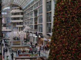 People shopping amidst festive decorations, including a large Christmas tree, inside a Toronto mall.