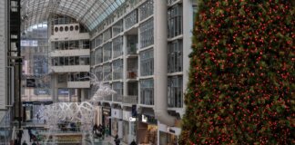 People shopping amidst festive decorations, including a large Christmas tree, inside a Toronto mall.