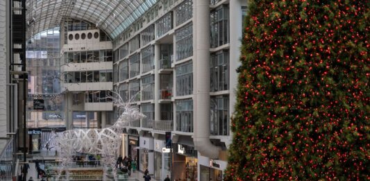 People shopping amidst festive decorations, including a large Christmas tree, inside a Toronto mall.