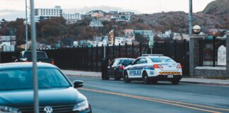 Police car parked on asphalt road near modern vehicles in city district in evening