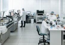 Пластические хирурги Манитобы изучают обморожения, ожоги и некротический фасциит Researchers in lab coats performing experiments with advanced equipment in a laboratory.
