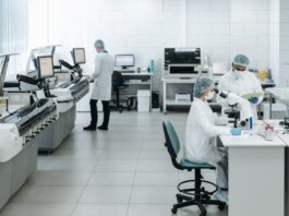 Researchers in lab coats performing experiments with advanced equipment in a laboratory.