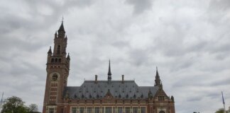 Stunning view of the Peace Palace in The Hague under a cloudy sky.
