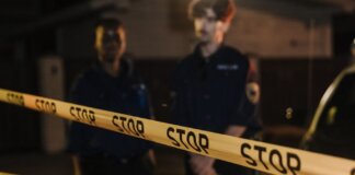 Two police officers standing behind a stop tape at night, scene partially illuminated by car headlights.